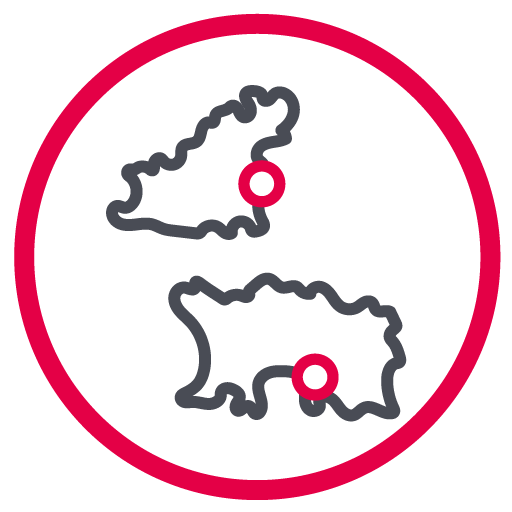 Icon of a red circle containing a map outline of Guernsey and Jersey